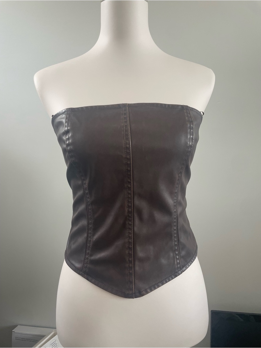 Brown Faux Leather Strapless Corset Top